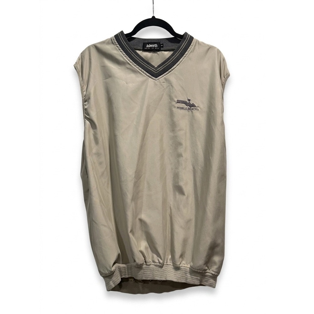 Ashworth Pebble Beach Golf Windbreaker Vest Tan V-Neck Mens XL Made in USA